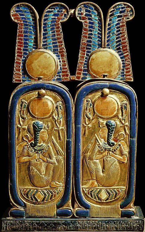 Goldenes Doppelgefäß für Kosmetik aus zwei Königskartuschen des Pharao Tutanchamun