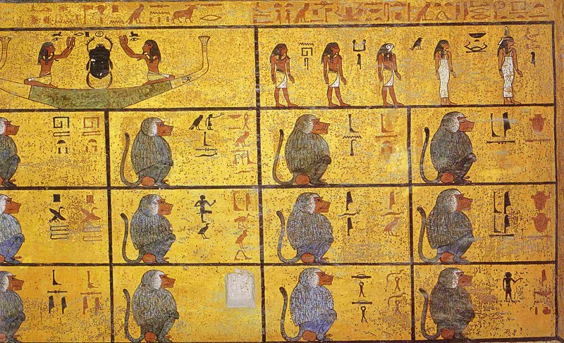 Die Westwand der Sargkammer Tutanchamuns zeigt symbolisch die Reise des Pharaos durch die Unterwelt; 12 Paviane stehen für die 12 Stunden der Nacht
